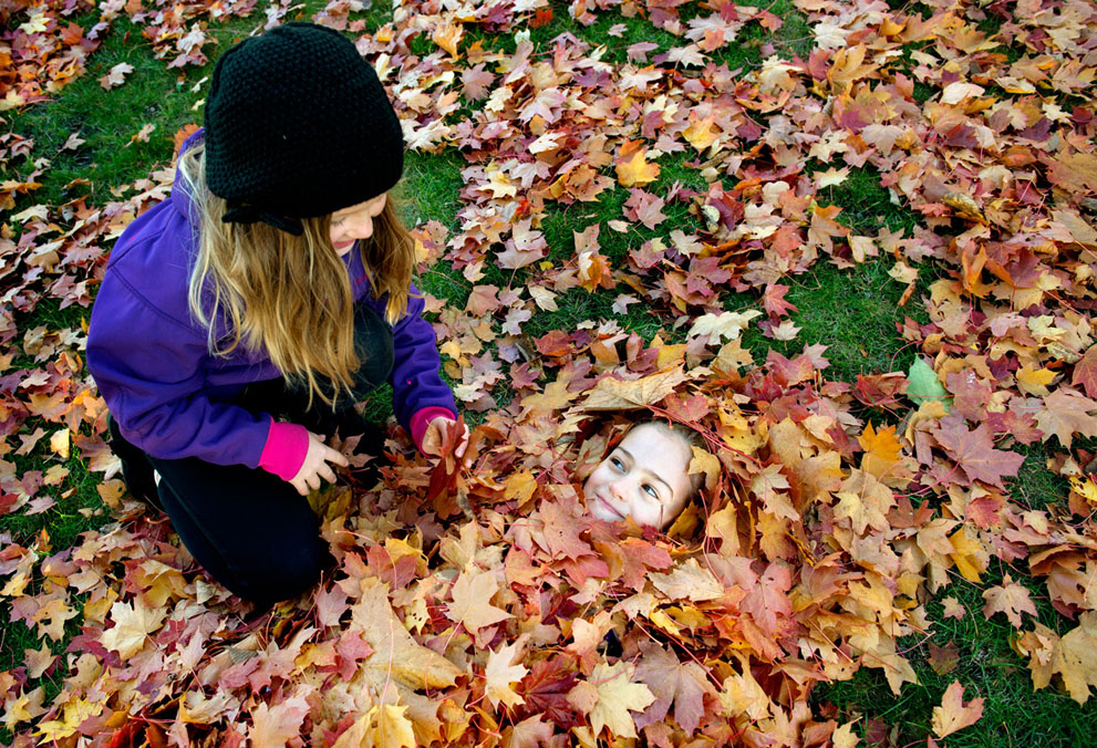 Hai bé gái chơi đùa với những chiếc là mùa Thu ở Stockholm, Thuỵ Điển, 13/10/2013.