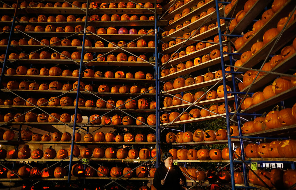 Một người phụ nữ cầm cây nến đứng bên chiếc kệ có những quả bí ngô được trưng bày ở Lễ hội bí ngô Great Highwood, tại Highwood, Illinois, 18/10/2013. Các nhà tổ chức cố gắng thiết lập kỷ lục Guinness thế giới về số lượng bí ngô được trưng bày nhiều nhất.