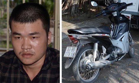 Đối tượng Nguyễn Hoài Nam và tang vật – chiếc xe máy của nạn nhân Trần Trung Hoàng mà Cơ quan điều tra vừa thu được vào ngày 26/10 tại Bình Dương.