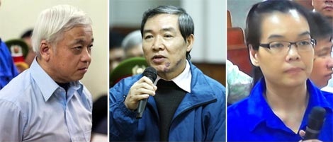Từ trái sang: Các bị cáo Nguyễn Đức Kiên, Dương Chí Dũng và Huỳnh Thị Huyền Như.