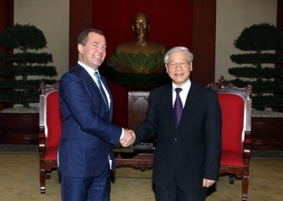 Tổng Bí thư Nguyễn Phú Trọng tiếp Thủ tướng Nga Ð.Mét-vê-đép. 