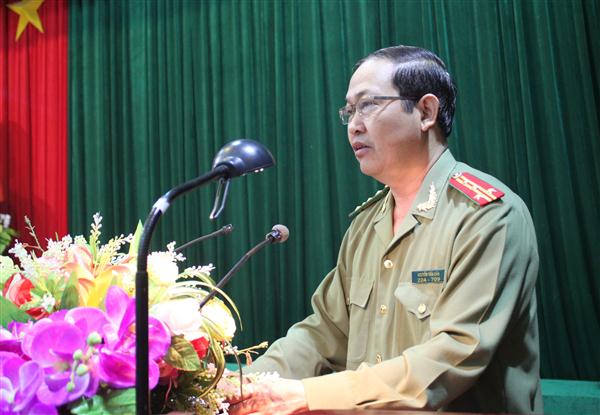 Đại tá Nguyễn Tiến Dần, Phó Giám đốc Công an tỉnh phát biểu tại cuộc họp