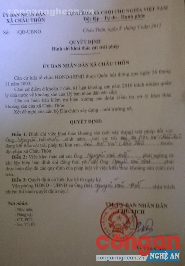  Biên bản đình chỉ việc khai thác cát trái phép của Nguyễn Văn Đức nhưng đối tượng này vẫn lén lút hoạt động