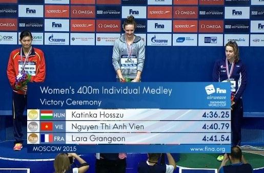 Ánh Viên giành HCB 400 m hỗn hợp ở Cúp thế giới tại Nga - tấm huy chương lịch sử của bơi lội Việt Nam trên đấu trường quốc tế. 