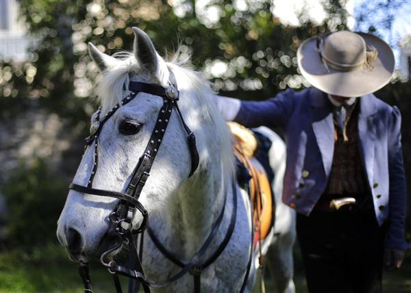 Anh Scott McMahon đứng bên con ngựa của anh để chuẩn bị tham dự buổi lễ kỷ niệm trận chiến Alamo lần thứ 180, ở San Antonio, 24/02/2016.