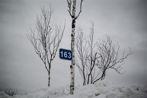 Một biển báo “km số 163” được gắn trên thân cây bulô trên con đường đầy tuyết trắng ở gần ngôi làng Yangutum, Siberia, 02/02/2016.