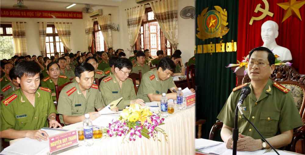 Đồng chí Đại tá Nguyễn Hữu Cầu, Ủy viên BTV Tỉnh ủy, Bí thư Đảng ủy, Giám đốc Công an tỉnh biểu dương những kết quả mà Công an huyện Diễn Châu đạt được thời gian qua