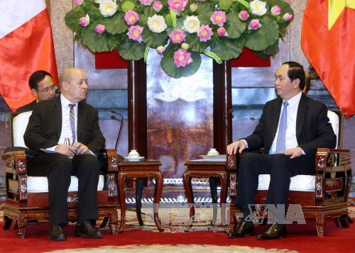 Chủ tịch nước Trần Đại Quang và Bộ trưởng Quốc phòng Pháp Jean-Yves Le Drian.