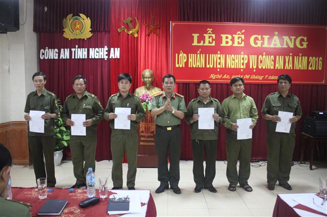 Đồng chí Đại tá Hồ Văn Tăng, Giám đốc TTHL&BDNV Công an tỉnh biểu dương khen thưởng cho 06 học viên có thành tích xuất sắc trong học tập và xây dựng tập thể.