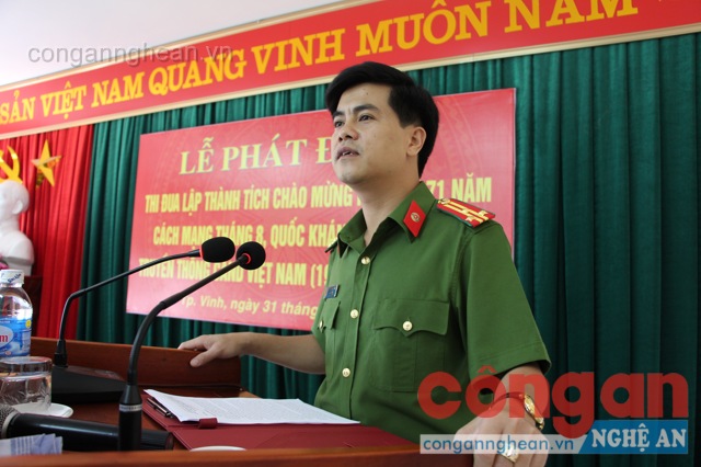 Đồng chí Thượng tá Nguyễn Đức Hải, Phó Giám đốc Công an tỉnh phát biểu tại lễ phát động