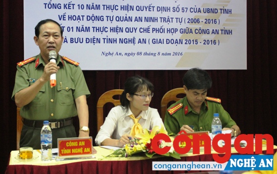 Đồng chí Đại tá Nguyễn Tiến Dần, Phó Giám đốc Công an tỉnh phát biểu tại Hội nghị.
