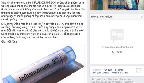 Một tài khoản facebook quảng cáo thuốc Influenzinum 9CH như một dạng 