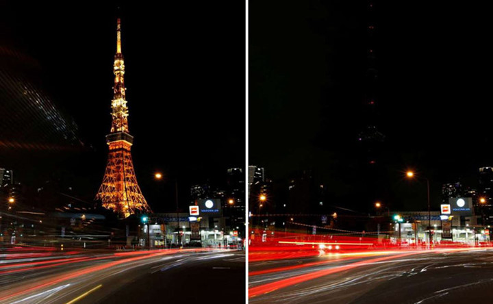 Tháp Tokyo, Nhật Bản trước (trái) và sau khi tắt đèn hưởng ứng giờ Trái Đất ngày 25/3/2017. (Ảnh: Reuters)