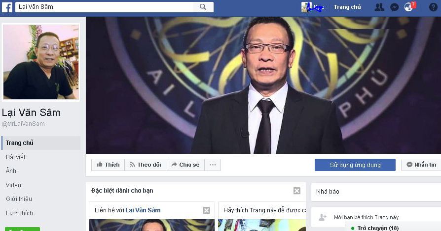 Một trong số trang facebook mạo danh MC Lại Văn Sâm với hơn 50.000 lượt thích (Ảnh chụp từ màn hình)