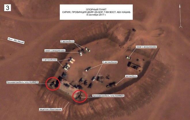 Bộ Quốc phòng Nga ghi nhận nhiều xe bọc thép Cougar và Hummer của quân đội Mỹ tại doanh trại của IS. Ảnh: BQP Nga