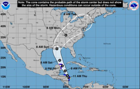 Tiên đoán hướng di chuyển của bão Nate. (Hình: NHC)