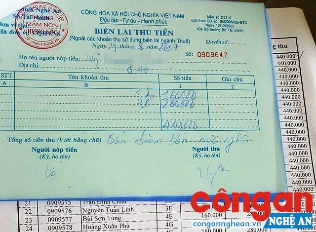 Biên lai thu tiền học phí của Trường Mầm non Hưng Lộc 1 ghi rõ mức học phí 280.000 cho 8 ngày học, cao hơn mức học phí mà các cháu phải đóng