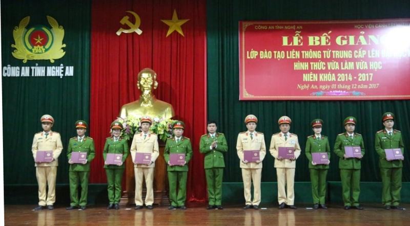 Đại tá PGS-TS Nguyễn Đắc Hoan, Phó Giám đốc Học viện CSND trao Bằng tốt nghiệp cho các học viên