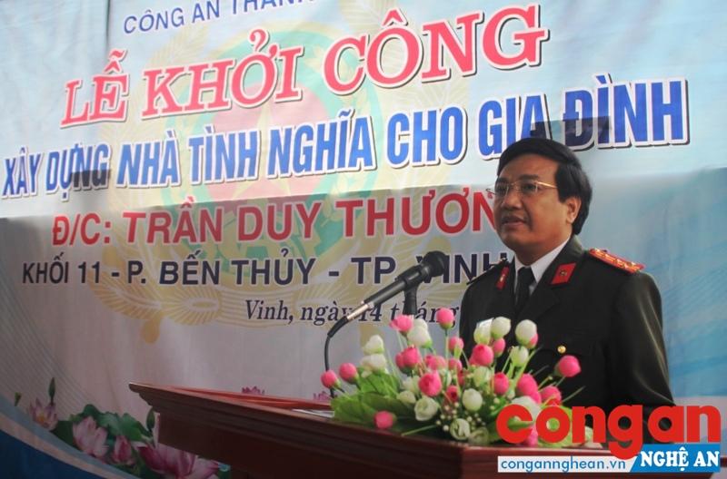 Đồng chí Đại tá Hồ Văn Tứ, Phó Bí thư Đảng ủy, Phó Giám đốc Công an tỉnh phát biểu tại Lễ khởi công.