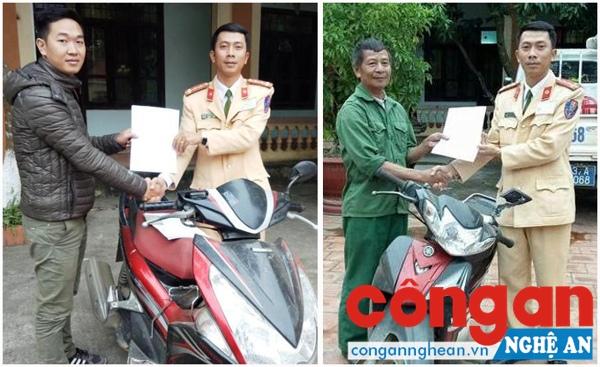 Công an TX Thái Hòa trao trả xe máy cho anh Ngọc và anh Nam.