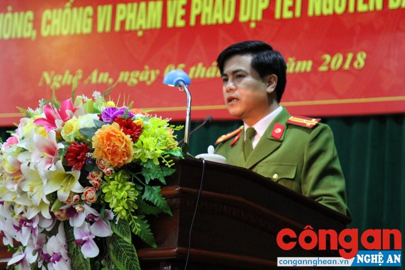 Đồng chí Thượng tá Nguyễn Đức Hải, Phó Giám đốc Công an tỉnh phát biểu tại Hội nghị.