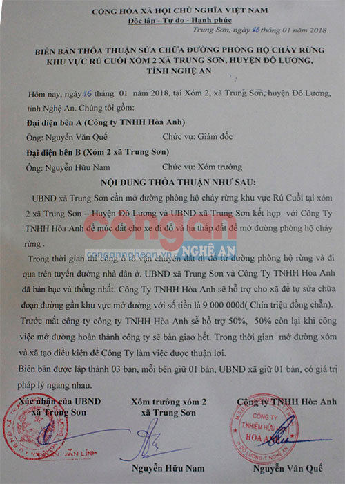 Mặc dù thỏa thuận mở rộng đường phòng hộ cháy rừng nhưng Công ty TNHH Hòa Anh lại lấy đất bán ra khỏi địa bàn xã Trung Sơn