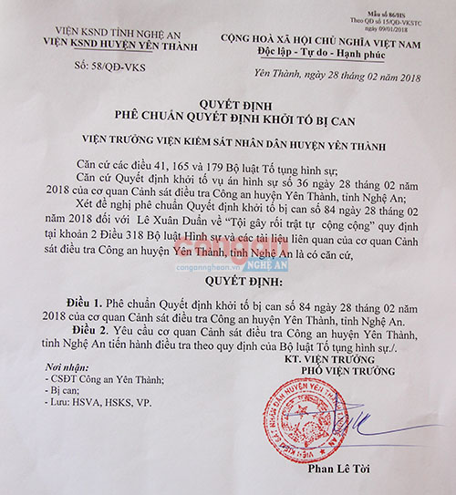 Quyết định phê chuẩn khởi tố bị can của Viện kiểm sát nhân dân huyện Yên Thành