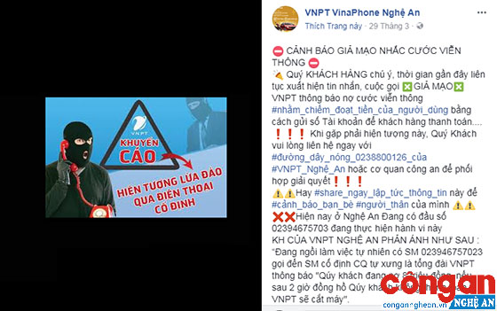 Cảnh báo về việc giải mạo tổng đài VNPT Nghệ An để thu nợ cước viễn thông