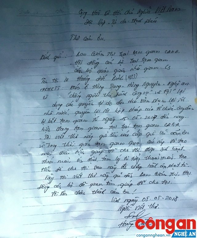 Lá thư cảm ơn của Hoàng Bình gửi Trại tạm giam Công an tỉnh