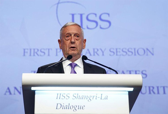 Bài phát biểu của Bộ trưởng Quốc phòng Mỹ James Mattis được mong chờ tại Shangri-La 2018. Ảnh: Reuters