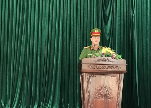 Thượng tá Nguyễn Hữu Cường, Trưởng Công an huyện Nghĩa Đàn phát biểu tại lễ ra quân tháng phòng chống ma túy