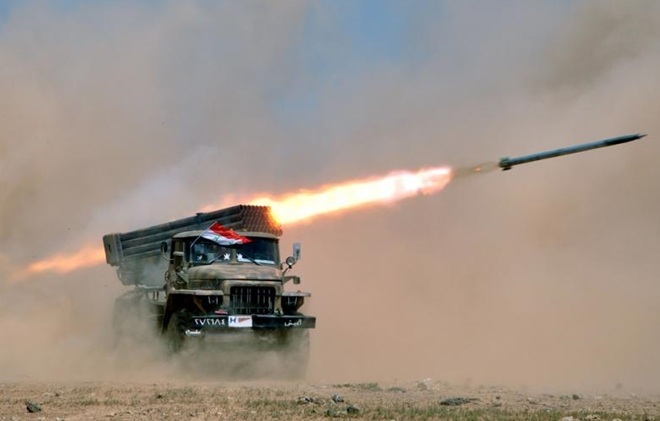 Một hệ thống pháo phản lực phóng loạt của Syria. Ảnh: SANA