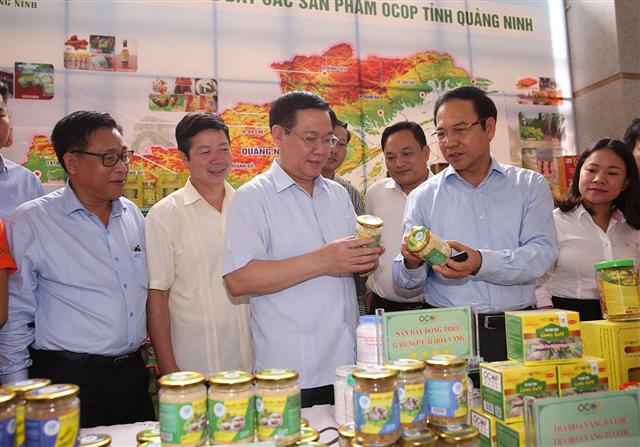 Phó Thủ tướng Vương Đình Huệ thăm quan trưng bày các sản phẩm OCOP. Ảnh VGP/Thành Chung