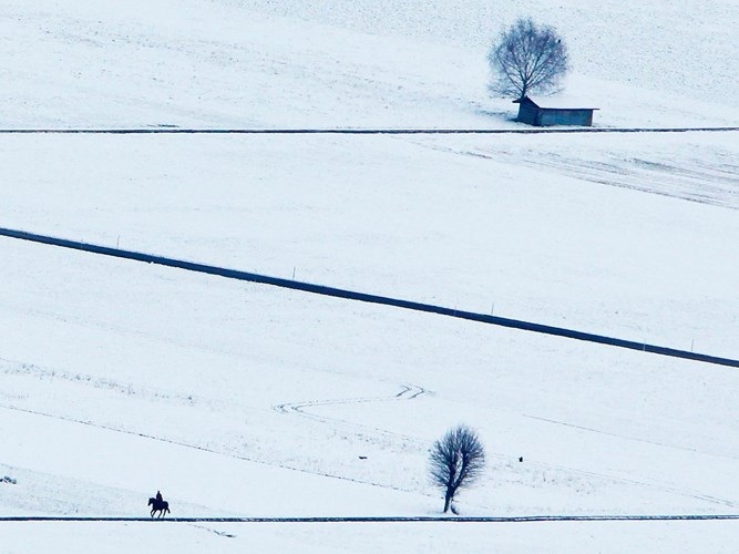Những con đường chạy thẳng qua cánh đồng tuyết phủ tạo nên một khung cảnh ấn tượng ở Mühlethurnen, gần thủ đô Bern, Thụy Sĩ.