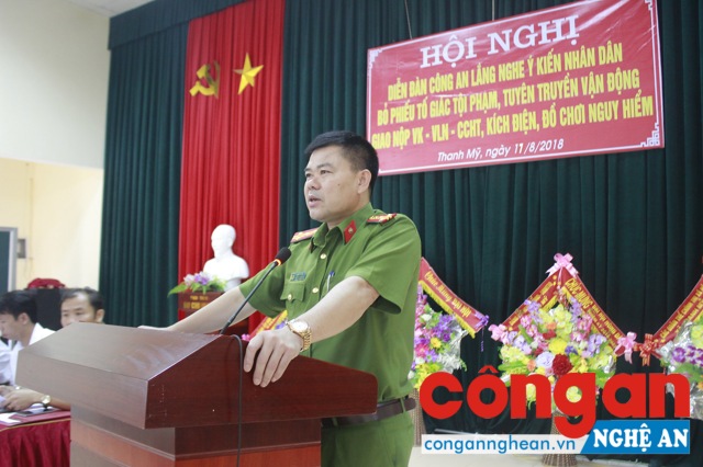 Đại tá Lương Thế Lộc, Trưởng Công an huyện phát biểu tại Hội nghị