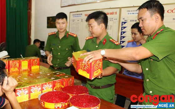 Công an huyện Đô Lương kiểm tra số pháo vi phạm.