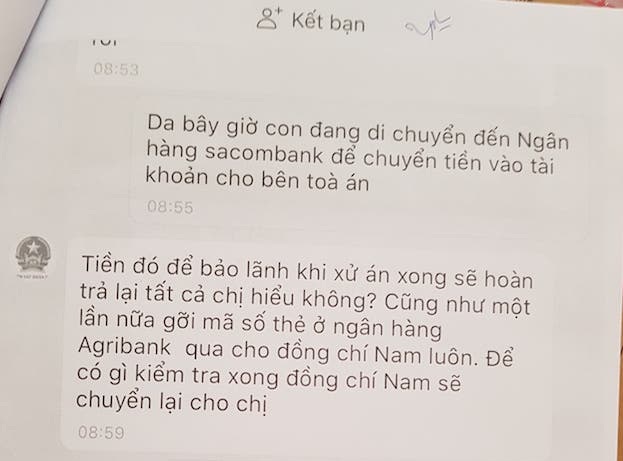 Tin nhắn của nữ nạn nhân ở Trà Vinh bị lừa mất hơn 800 triệu đồng.