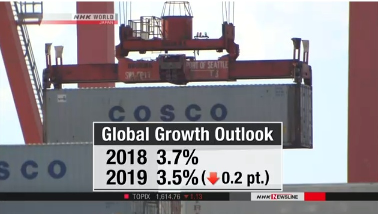 OECD hạ dự báo tăng trưởng toàn cầu xuống mức 3,5% trong năm 2019. (Ảnh cắt từ bản tin của NHK)