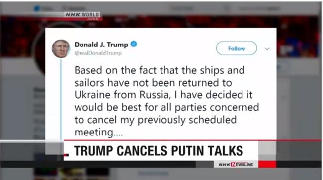 Thông điệp trên trang Twitter của Tổng thống D.Trump về việc hủy cuộc gặp với người đồng nhiệm Nga Vladimir Putin. (Ảnh cắt từ bản tin của NHK)