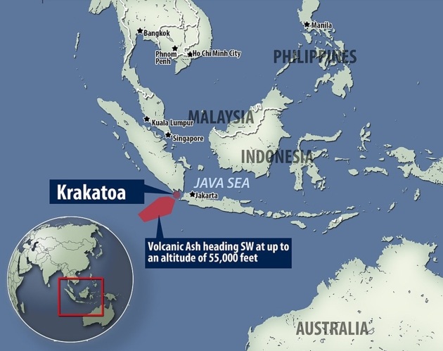 Theo thông tin cập nhật, ít nhất 43 người đã thiệt mạng, khoảng 584 người bị thương và 2 người mất tích sau khi sóng thần đổ bộ khu vực bãi biển xung quanh eo biển Sunda tại Indonesia tối 22/12 (theo giờ địa phương).  Ảnh đồ họa vị trí xảy ra thảm họa: Daily Mail.