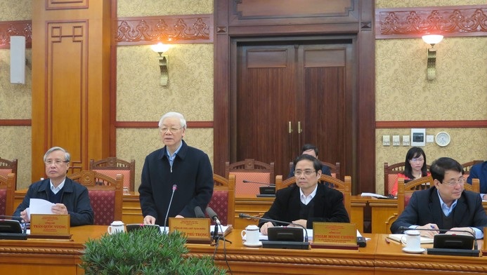 Tổng Bí thư, Chủ tịch nước Nguyễn Phú Trọng chủ trì phiên họp Ban Bí thư đánh giá kết quả 5 đoàn kiểm tra thực hiện Nghị quyết 18, 19 tại các bộ, ngành, địa phương. (Ảnh: HH)