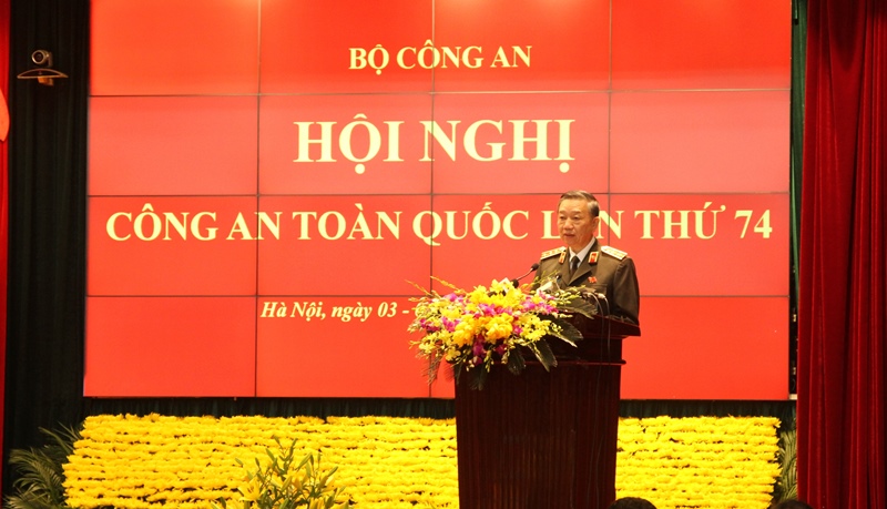 Thượng tướng Tô Lâm, Ủy viên Bộ Chính trị, Bí thư Ðảng ủy Công an Trung ương, Bộ trưởng Công an phát biểu khai mạc Hội nghị.