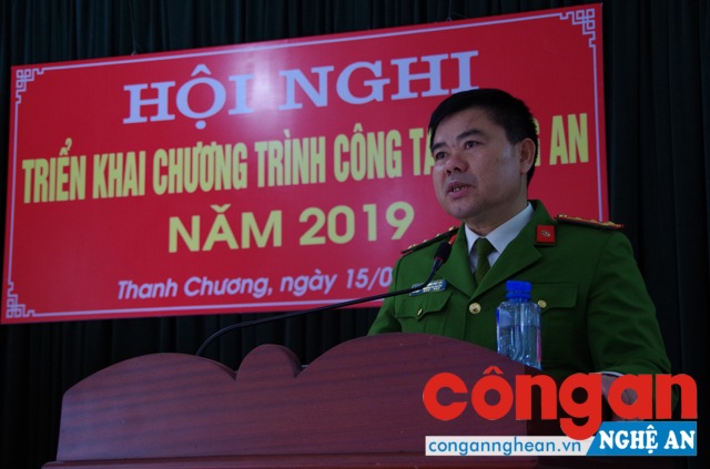 Đại tá Lương Thế Lộc, Trưởng Công an huyện phát biểu tại Hội nghị