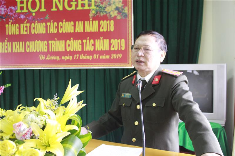 Đại tá Nguyễn Đình Dung, Phó Giám đốc Công an tỉnh phát biểu chỉ đạo Hội nghị.