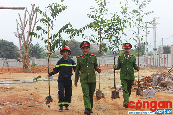 Các chiến sỹ trẻ Đội Cảnh sát PCCC& CNCH số 6 hồ hởi tham gia trồng cây đầu Xuân góp phần làm nên màu xanh cho quê hương