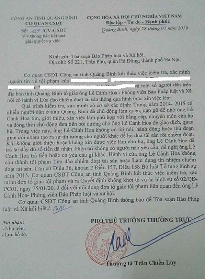 Thông báo của Cơ quan Cảnh sát điều tra Công an tỉnh Quảng Bình về kết quả xác minh sự việc đối với ông Lê Cảnh Hoa.