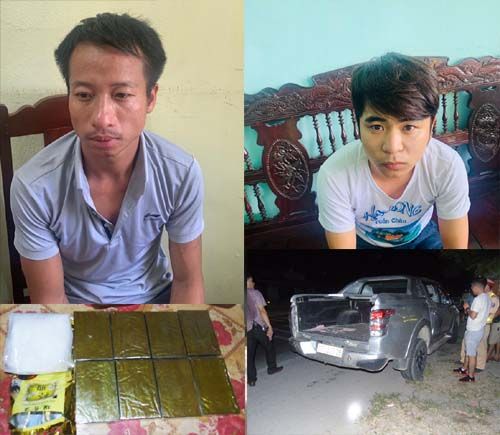 2 đối tượng Nguyễn  Sỹ Tùng (trái), Trần Văn Hưng và số ma túy, thuốc nổ đã thu giữ.