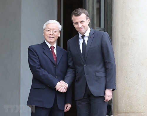 Tổng Bí thư, Chủ tịch nước Nguyễn Phú Trọng và Tổng thống Pháp Emmanuel Macron, trong chuyến thăm chính thức Pháp tháng 3/2018.