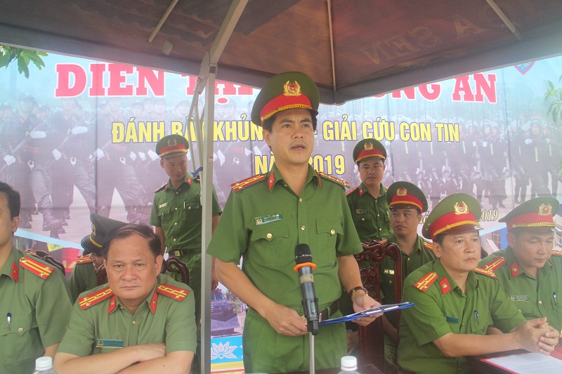 Đại tá Nguyễn Đức Hải – Phó giám đốc Công an tỉnh phát biểu chỉ đạo tại lễ báo cáo kết quả diễn tập