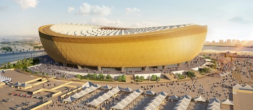 Mô hình SVĐ Lusail, sức chứa 80.000 chỗ, dự kiến hoàn thành năm 2020. Với cấu trúc bát vàng có hình dạng như chiếc đèn lồng fanar nhằm tôn vinh nghề thủ công cổ xưa của Trung Đông, sân Lusail là nơi tổ chức trận khai mạc và trận chung kết World Cup 2022. Nguồn: FIFA.com